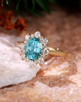 NERIDA Round Cut Alternating Sizes Moissanite Halo Oval Cut Paraiba Engagement Ring